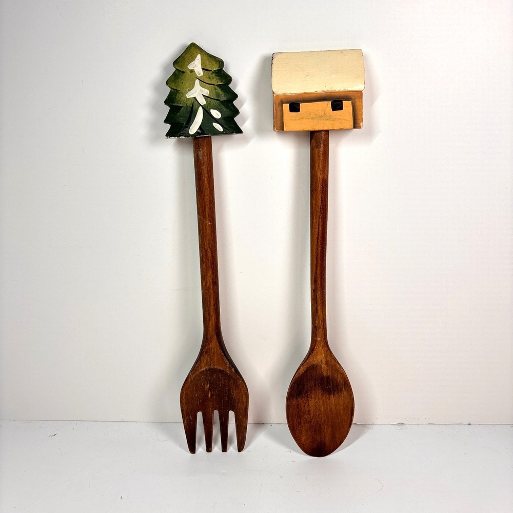 Cozy Cabin & Pine Tree Wood Serving Utensils Spoon & Fork Hand Painted Rustic